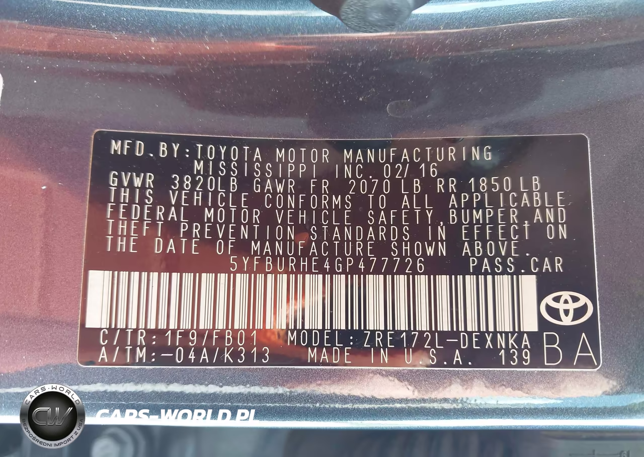 2016 Toyota Corolla Le Plus VIN:5YFBURHE4GP477726 - 9
