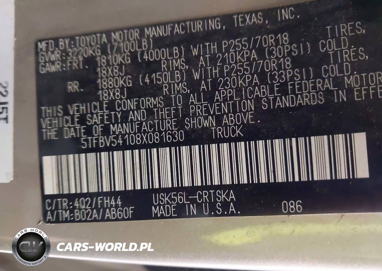 2008 Toyota Tundra Base 5.7L V8 VIN:5TFBV54108X081630 - 9