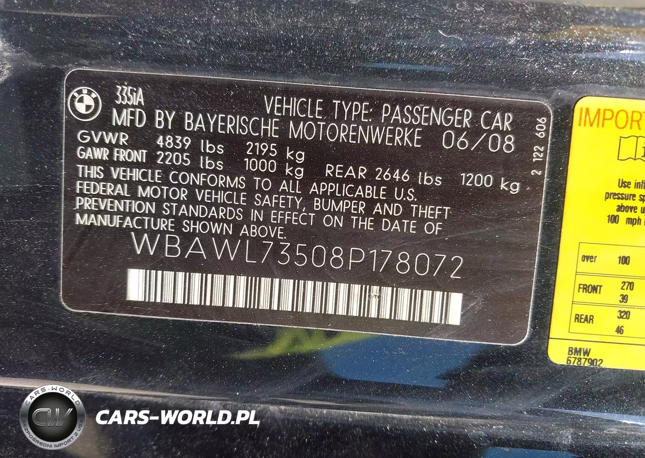 2008 BMW 335I VIN:WBAWL73508P178072 - 9
