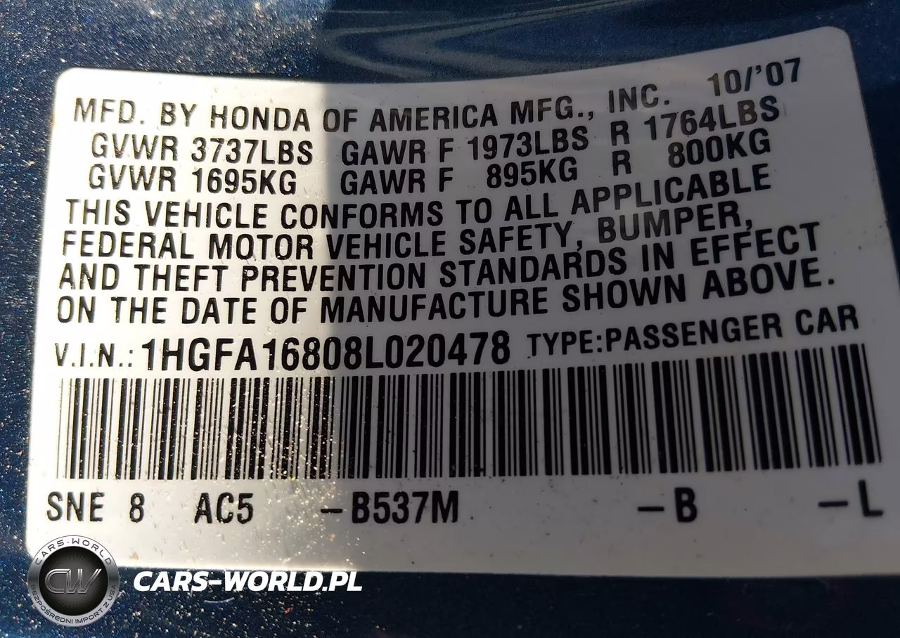 2008 Honda Civic Ex VIN:1HGFA16808L020478 - 9