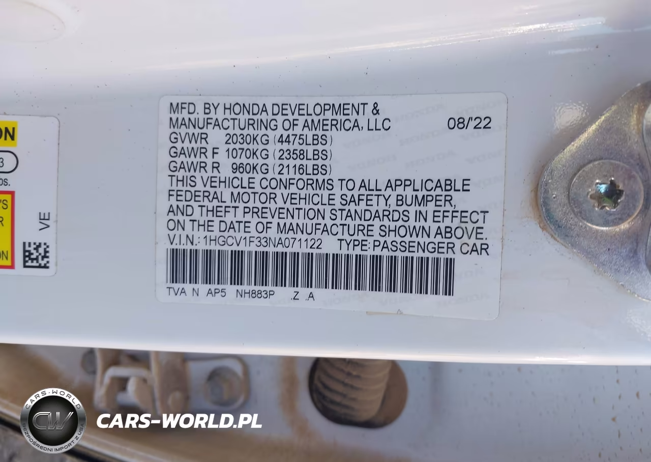 2022 Honda Accord Sport VIN:1HGCV1F33NA071122 - 9