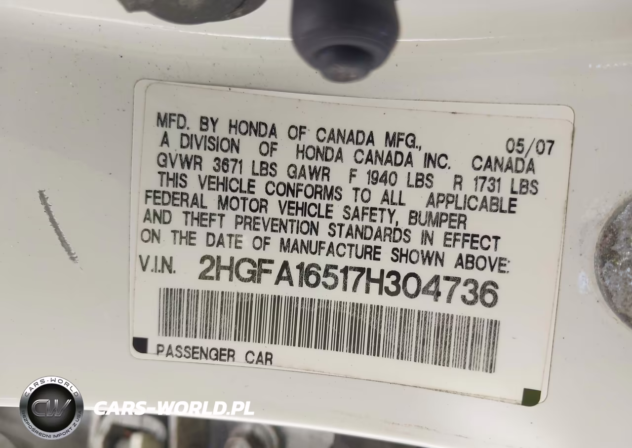 2007 Honda Civic Lx VIN:2HGFA16517H304736 - 9