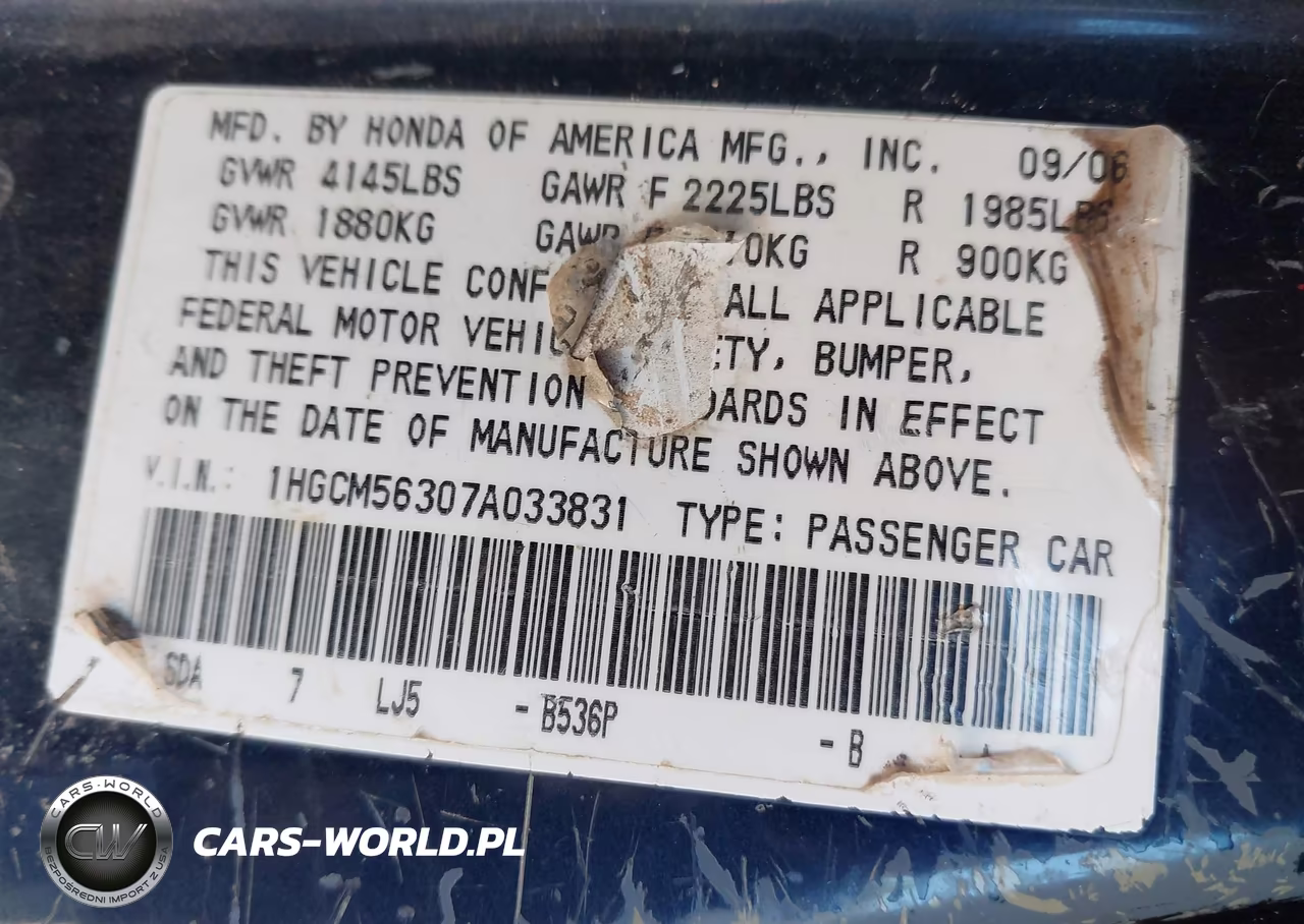2007 Honda Accord 2.4 Se VIN:1HGCM56307A033831 - 9