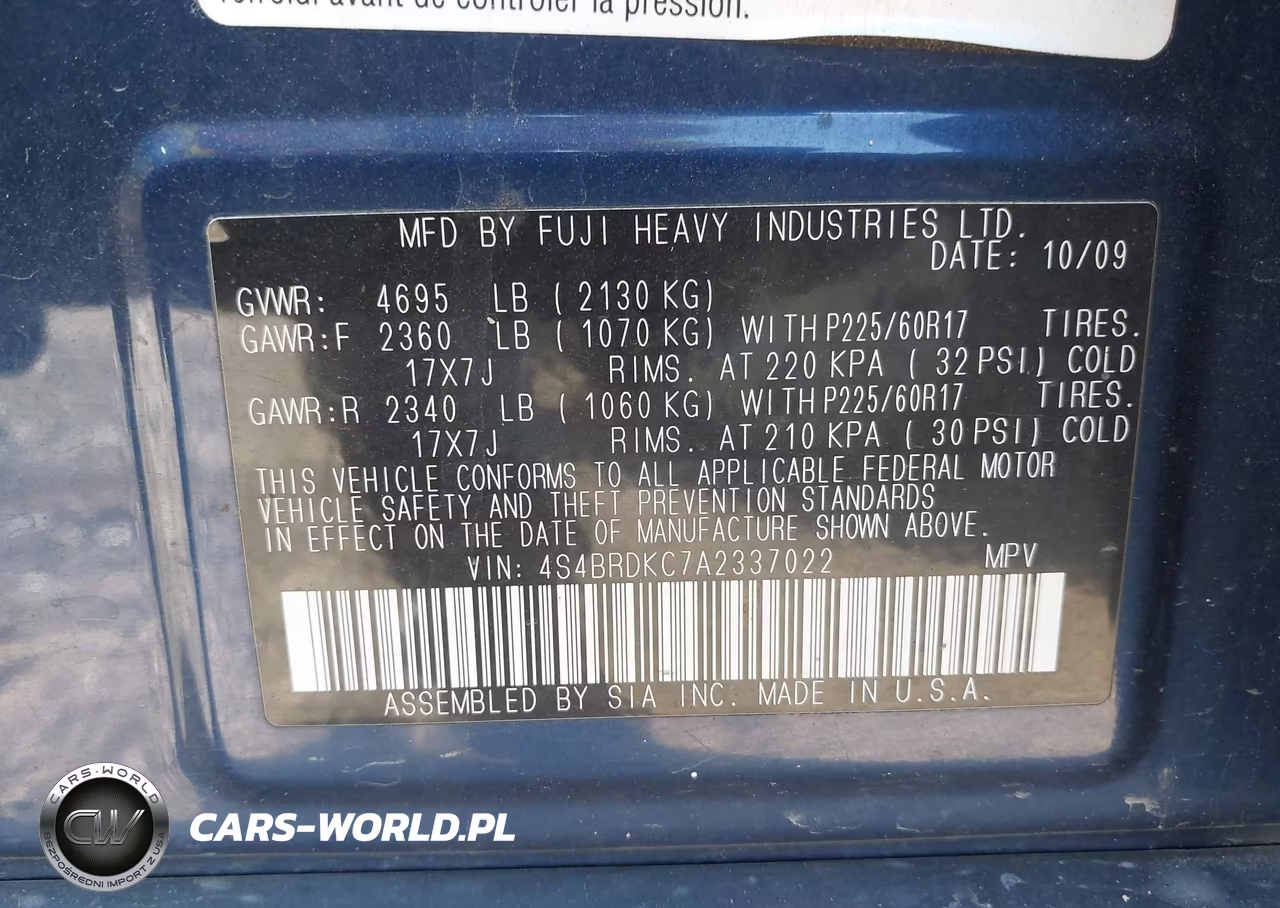 2010 Subaru Outback 3.6R Limited VIN:4S4BRDKC7A2337022 - 9