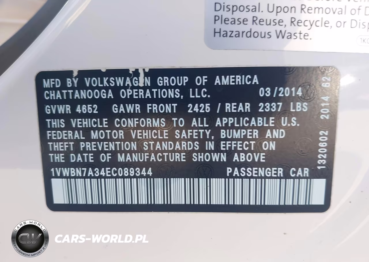 2014 Volkswagen Passat 2.0L Tdi Se VIN:1VWBN7A34EC089344 - 9
