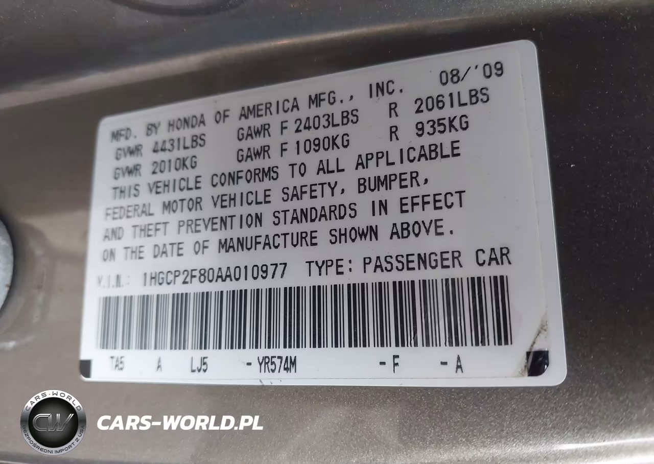 2010 Honda Accord 2.4 Ex-L VIN:1HGCP2F80AA010977 - 9