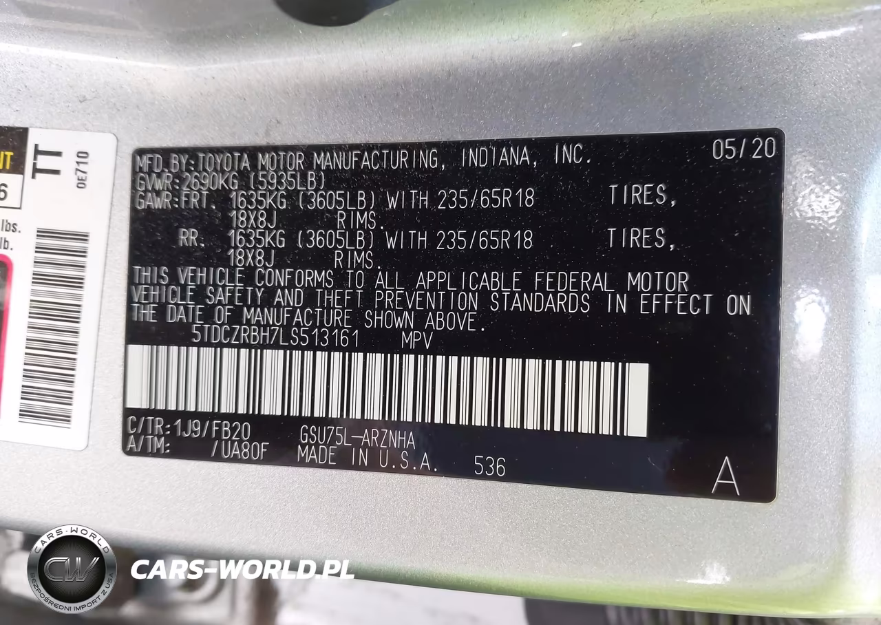 2020 Toyota Highlander L VIN:5TDCZRBH7LS513161 - 9