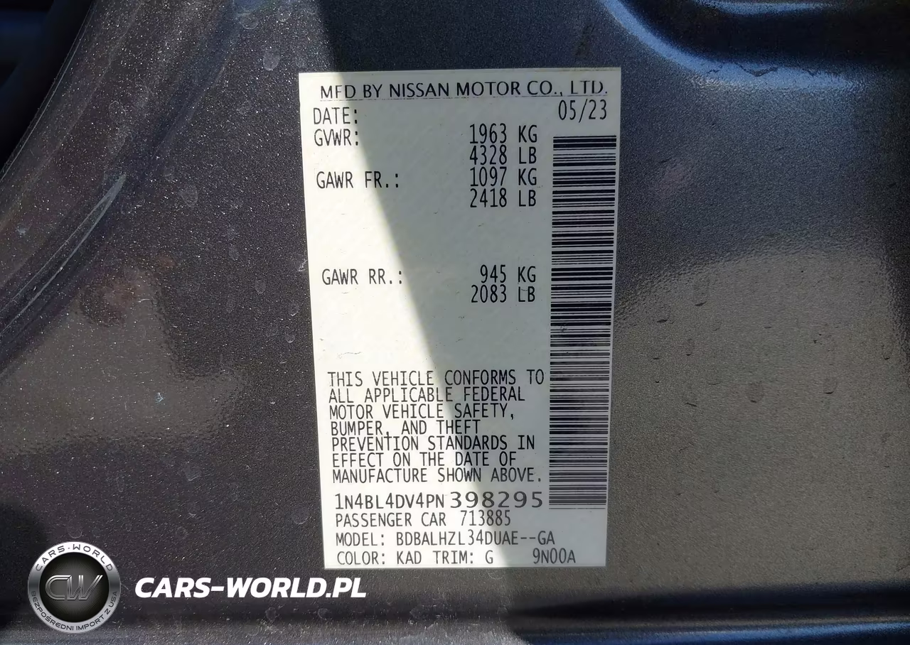 2023 Nissan Altima Sv Fwd VIN:1N4BL4DV4PN398295 - 9
