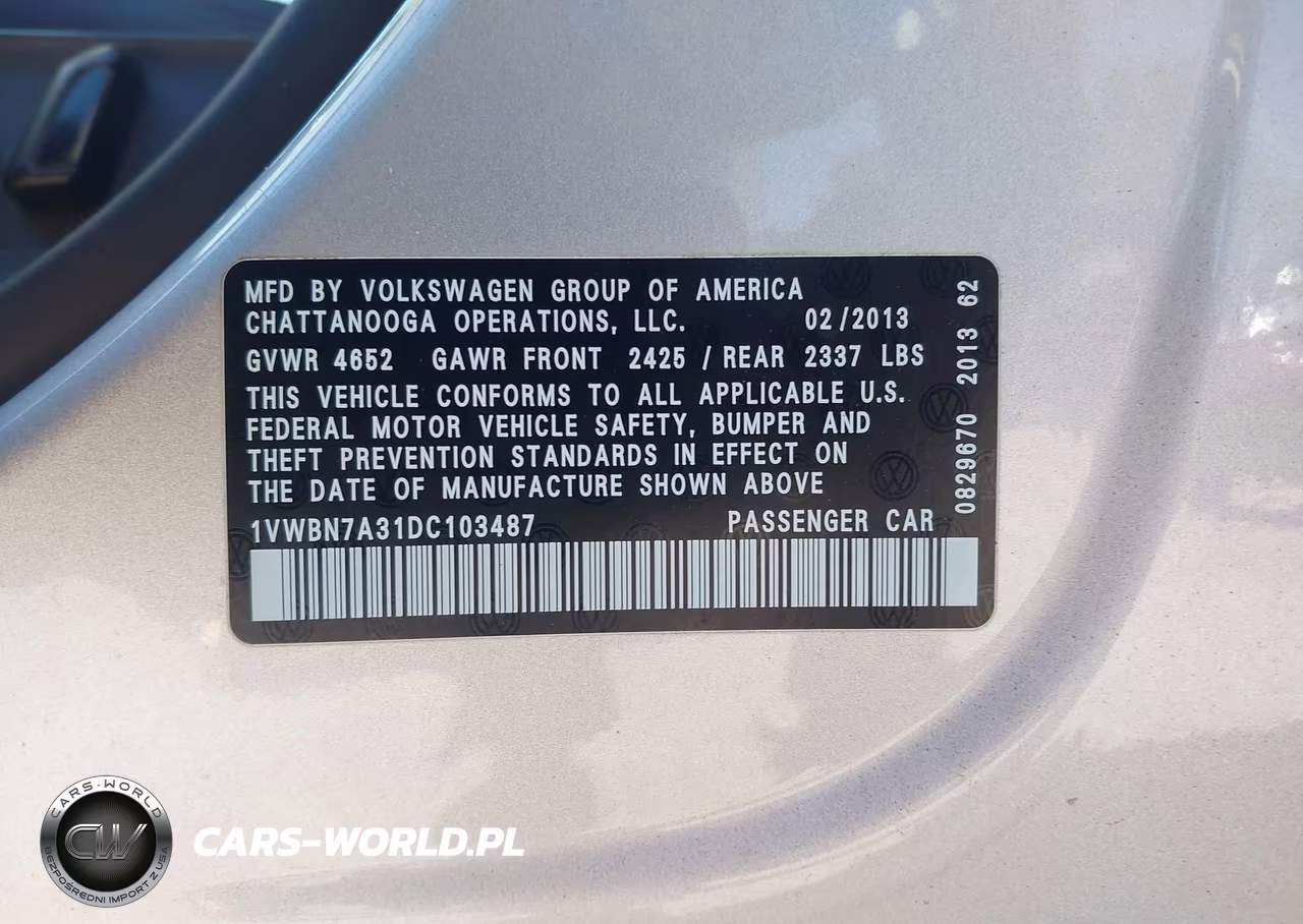 2013 Volkswagen Passat 2.0L Tdi Se VIN:1VWBN7A31DC103487 - 9