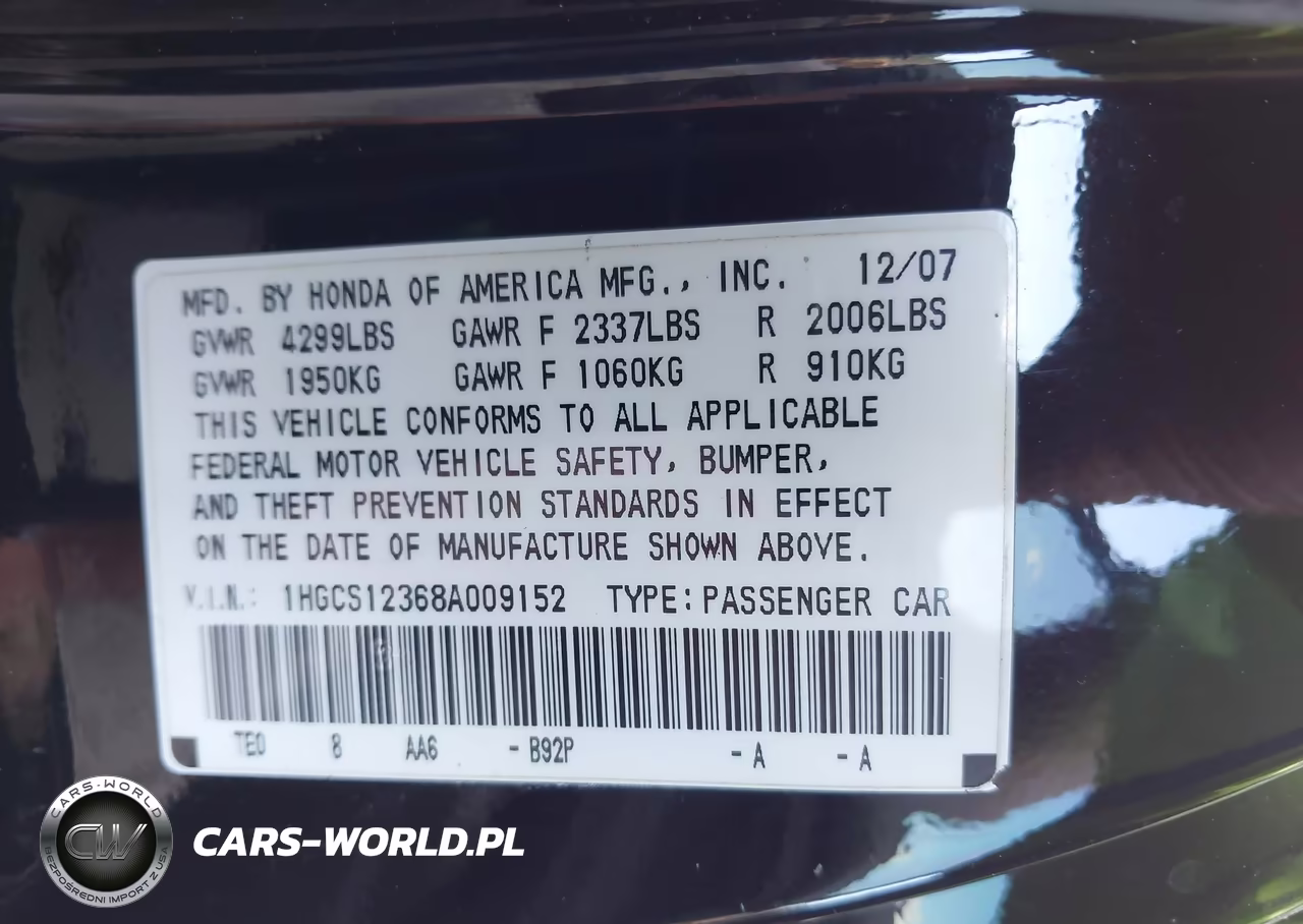 2008 Honda Accord 2.4 Lx-S VIN:1HGCS12368A009152 - 9
