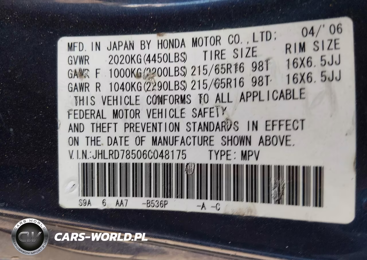 2006 Honda Cr-V Lx VIN:JHLRD78506C048175 - 9