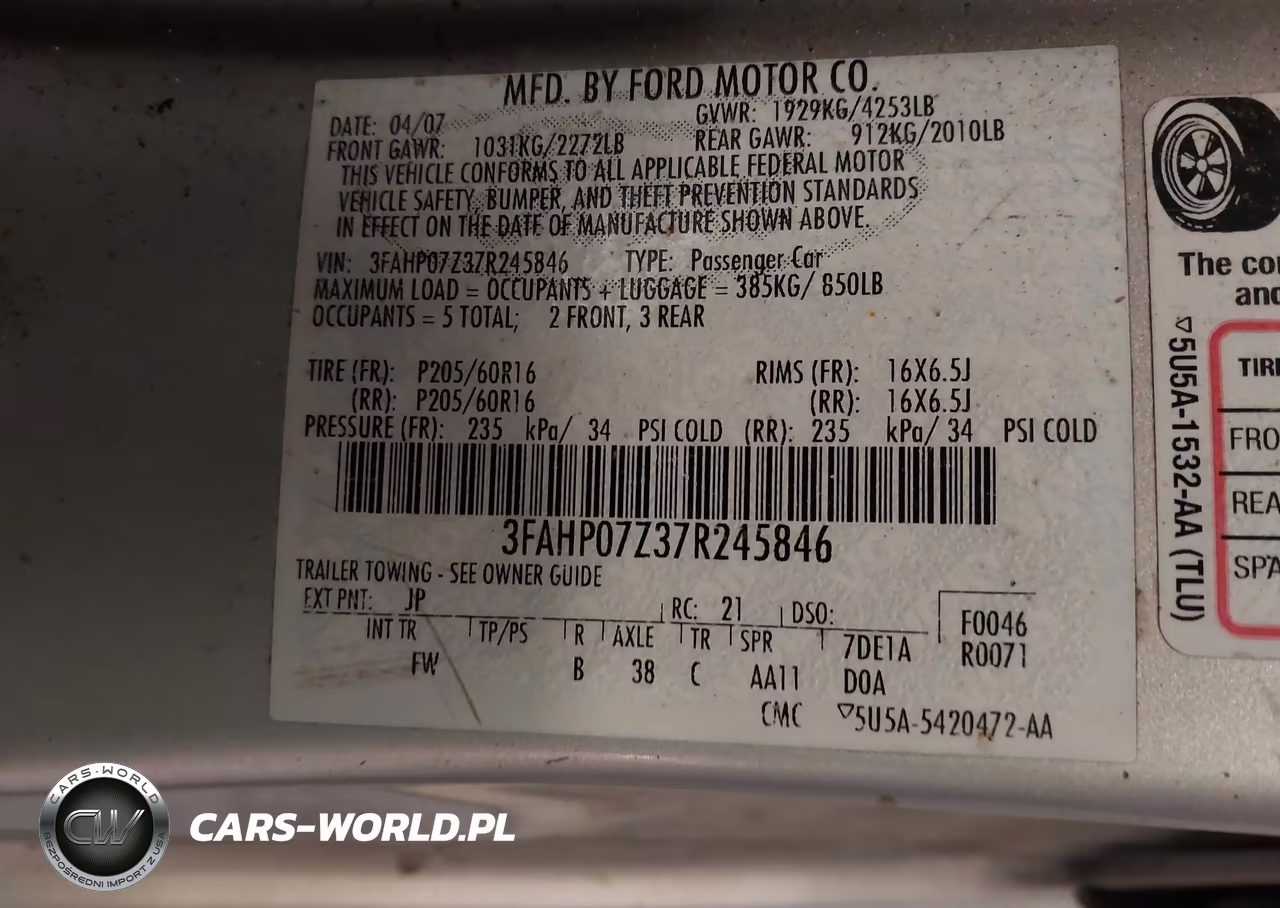 2007 Ford Fusion Se VIN:3FAHP07Z37R245846 - 9