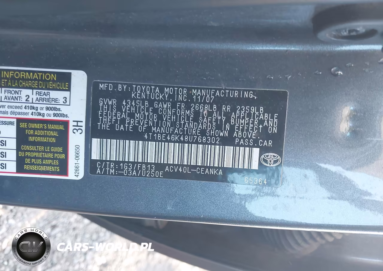 2008 Toyota Camry Le VIN:4T1BE46K48U768302 - 9
