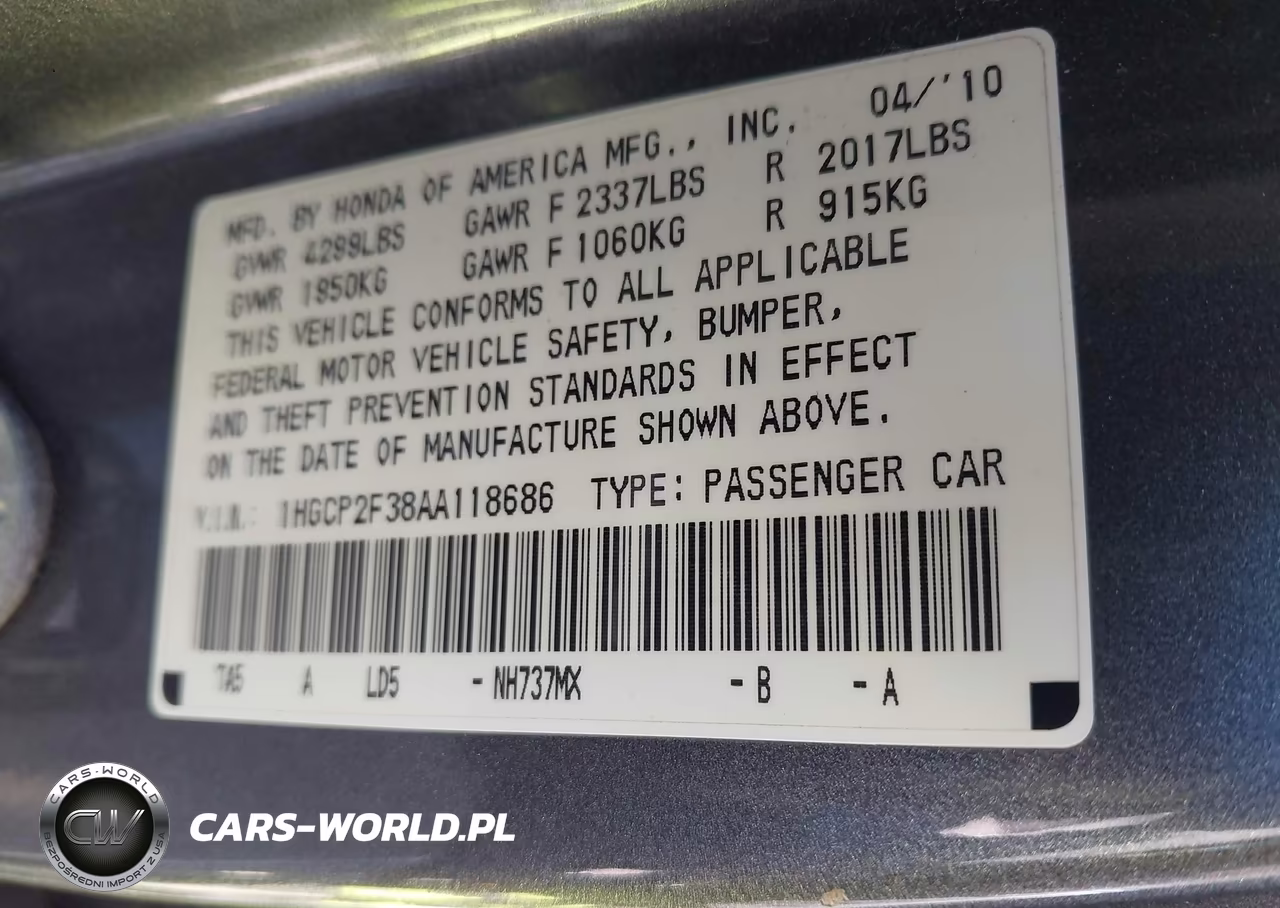 2010 Honda Accord 2.4 Lx VIN:1HGCP2F38AA118686 - 9