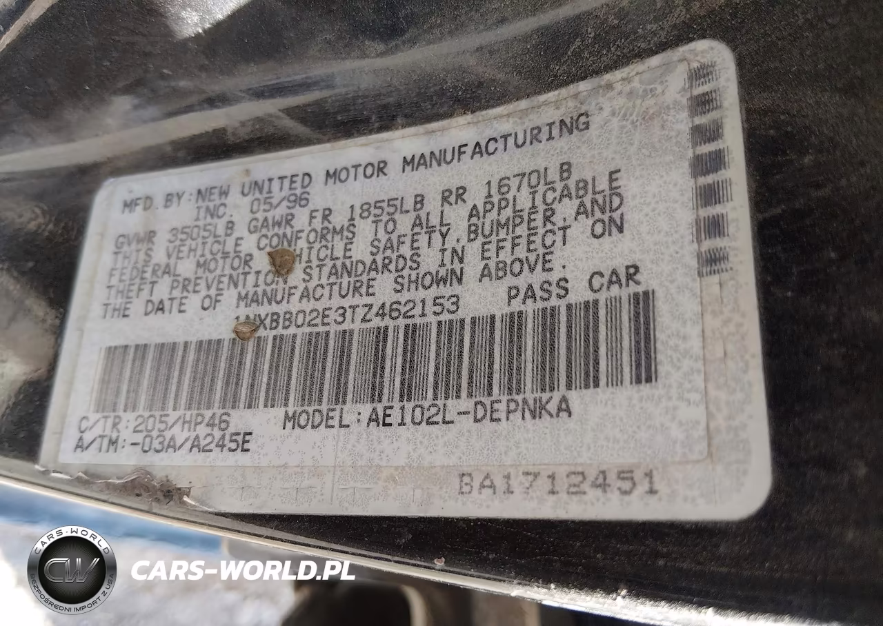 1996 Toyota Corolla Dx VIN:1NXBB02E3TZ462153 - 9