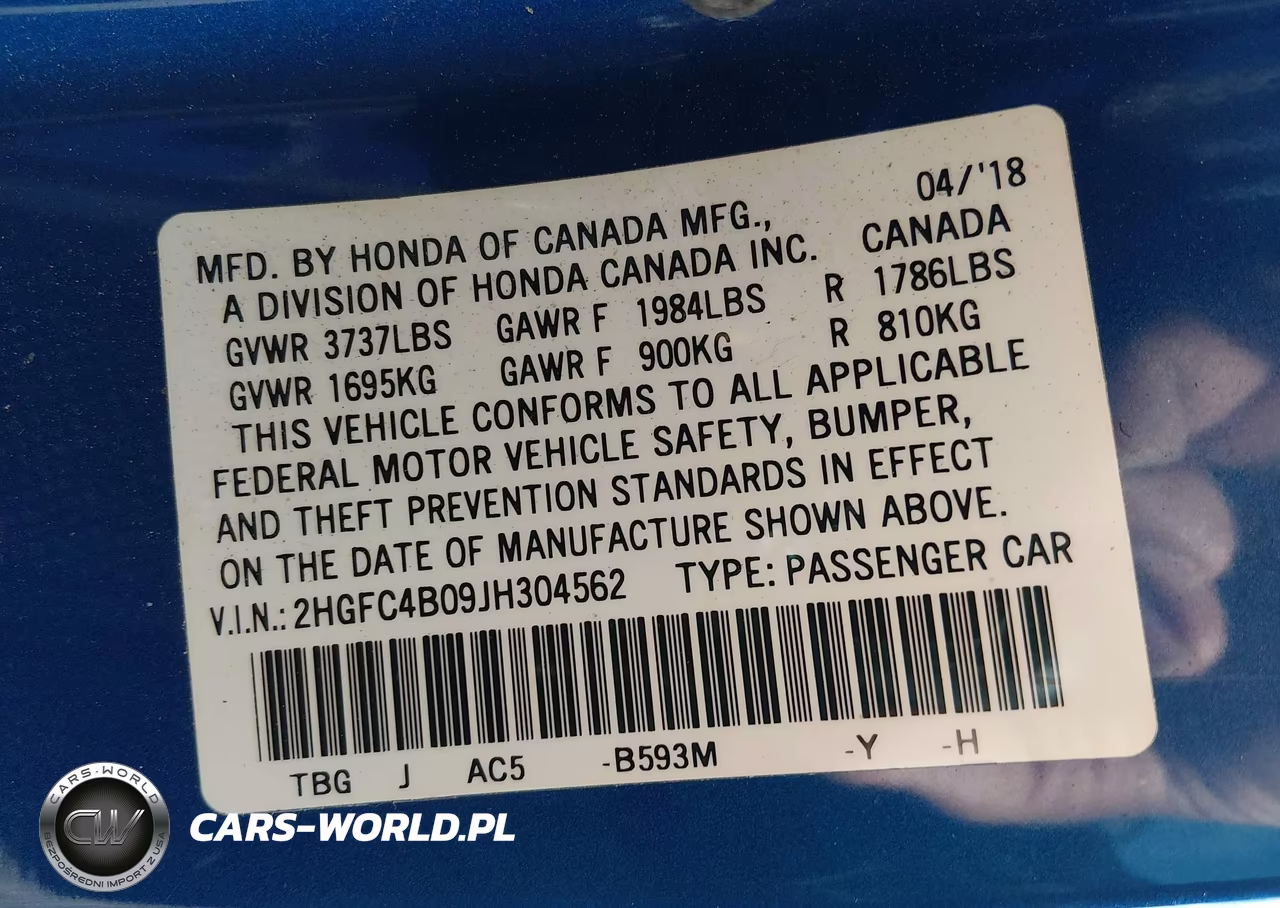 2018 Honda Civic Lx-P VIN:2HGFC4B09JH304562 - 9