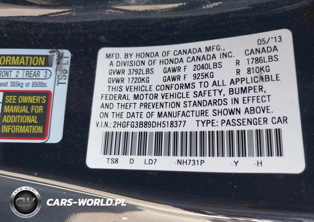 2013 Honda Civic Ex VIN:2HGFG3B89DH518377 - 9