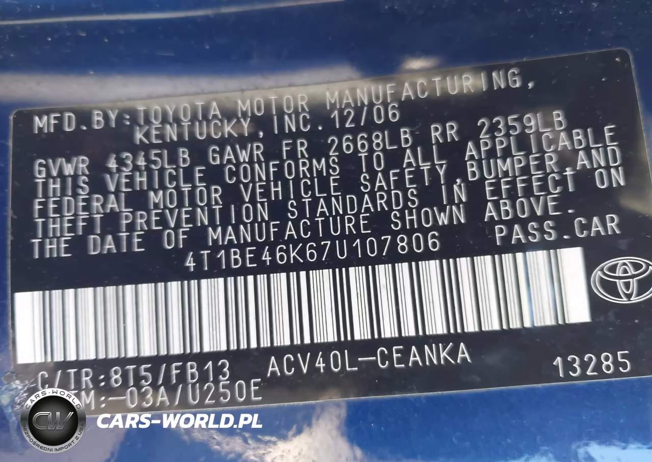 2007 Toyota Camry Le VIN:4T1BE46K67U107806 - 9