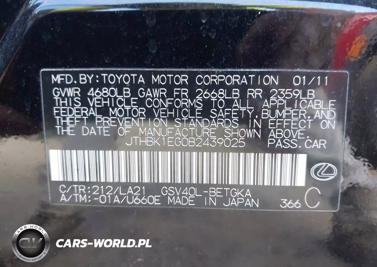 2011 Lexus Es 350 VIN:JTHBK1EG0B2439025 - 9