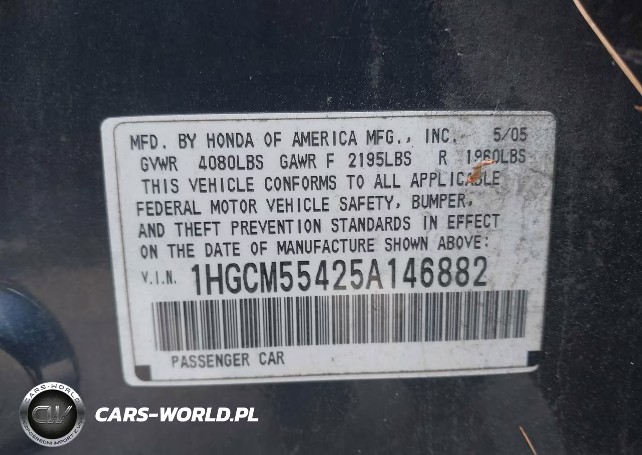 2005 Honda Accord 2.4 Lx VIN:1HGCM55425A146882 - 9
