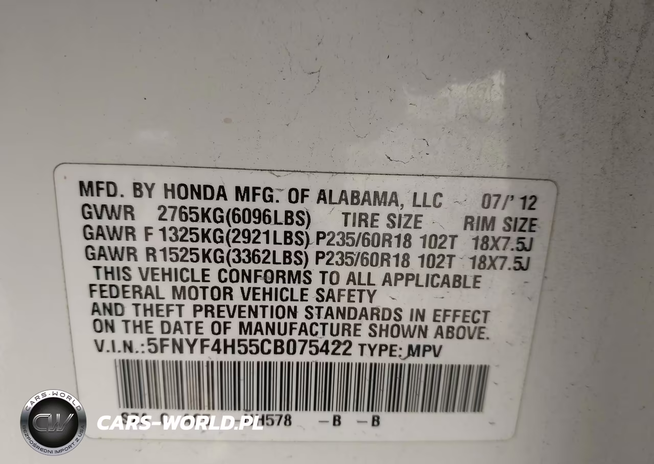 2012 Honda Pilot Ex-L VIN:5FNYF4H55CB075422 - 9