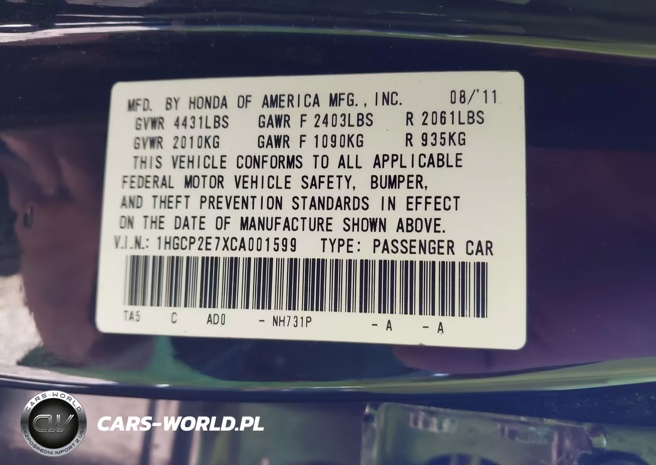 2012 Honda Accord 2.4 Ex VIN:1HGCP2E7XCA001599 - 9