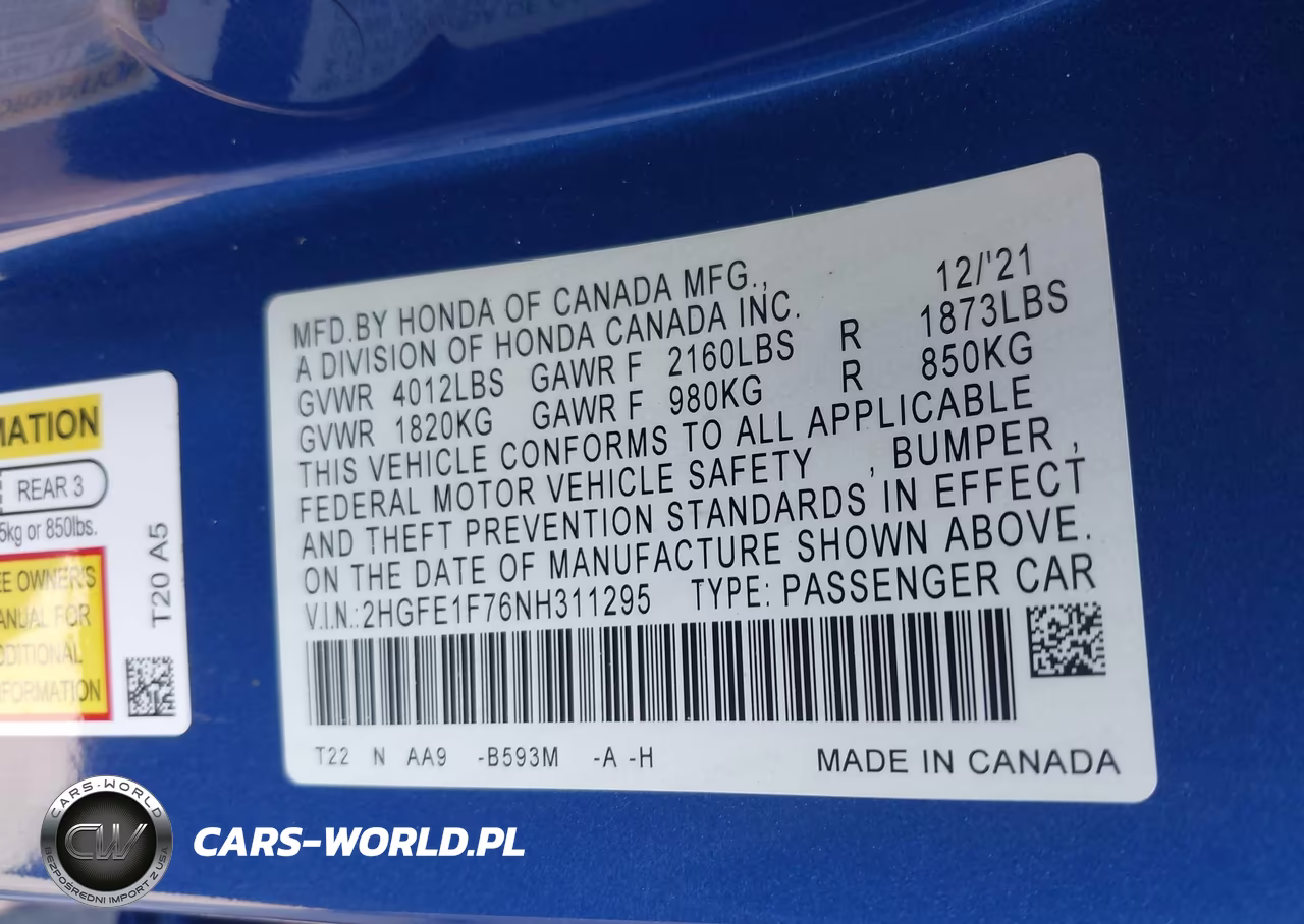 2022 Honda Civic Ex VIN:2HGFE1F76NH311295 - 9