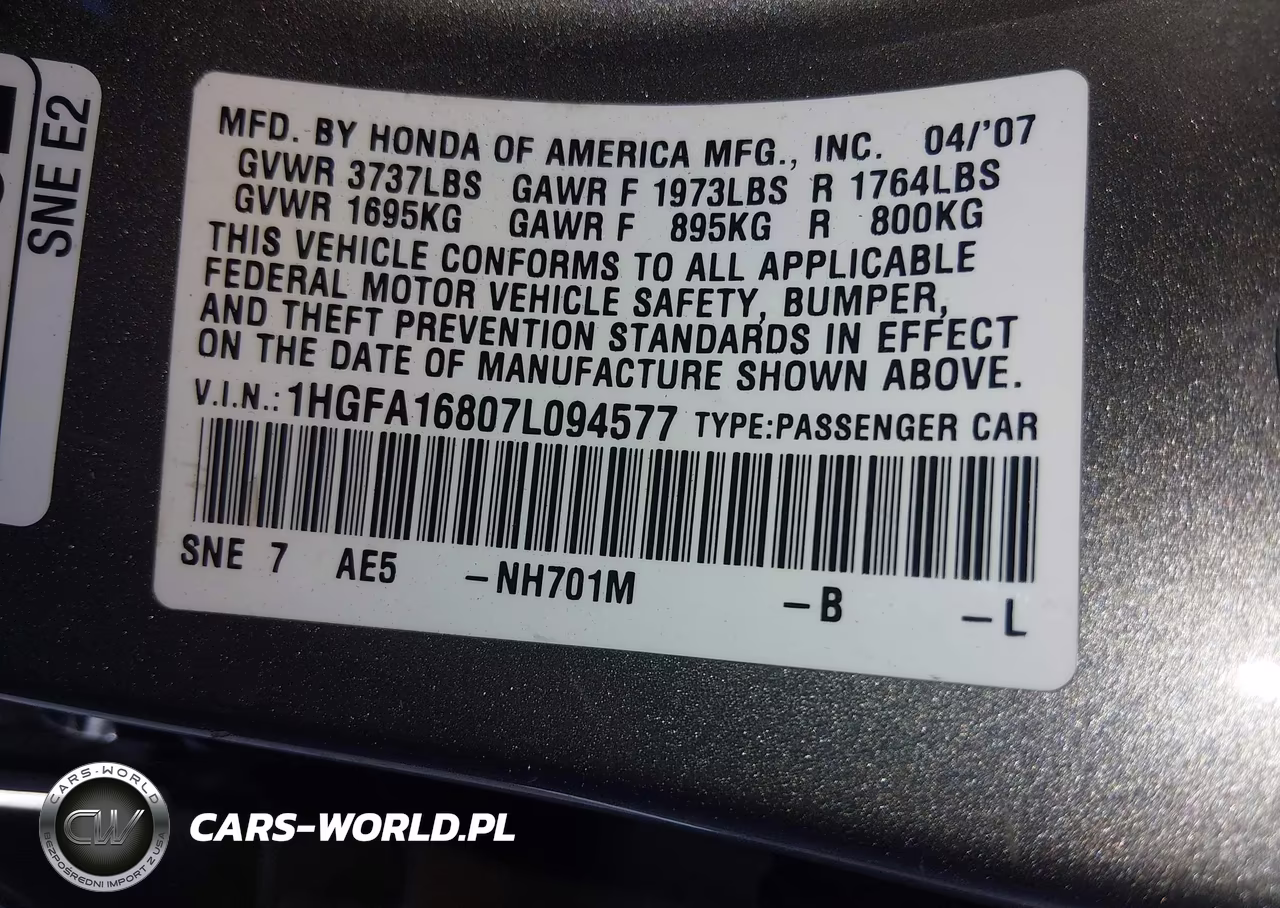 2007 Honda Civic VIN:1HGFA16807L094577 - 9
