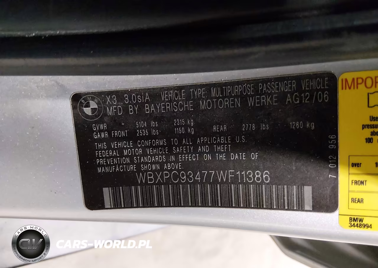 2007 BMW X3 3.0Si VIN:WBXPC93477WF11386 - 9