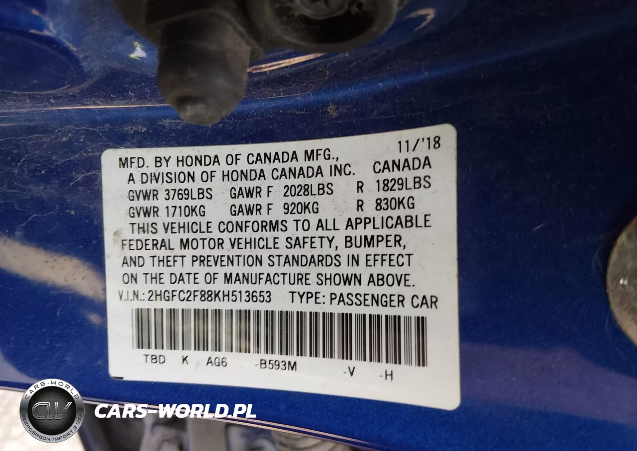 2019 Honda Civic Sport VIN:2HGFC2F88KH513653 - 9