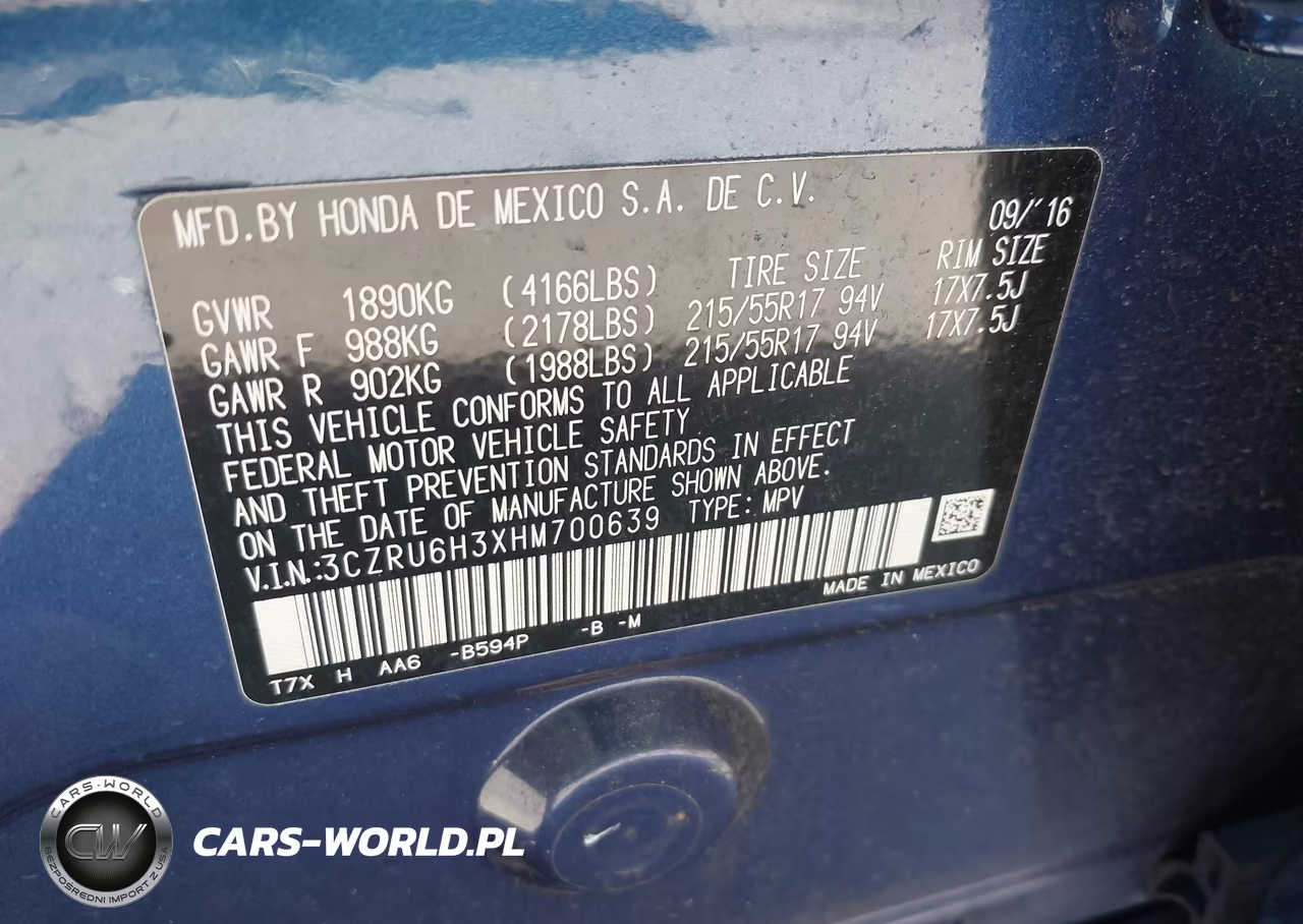 2017 Honda Hr-V Lx VIN:3CZRU6H3XHM700639 - 9