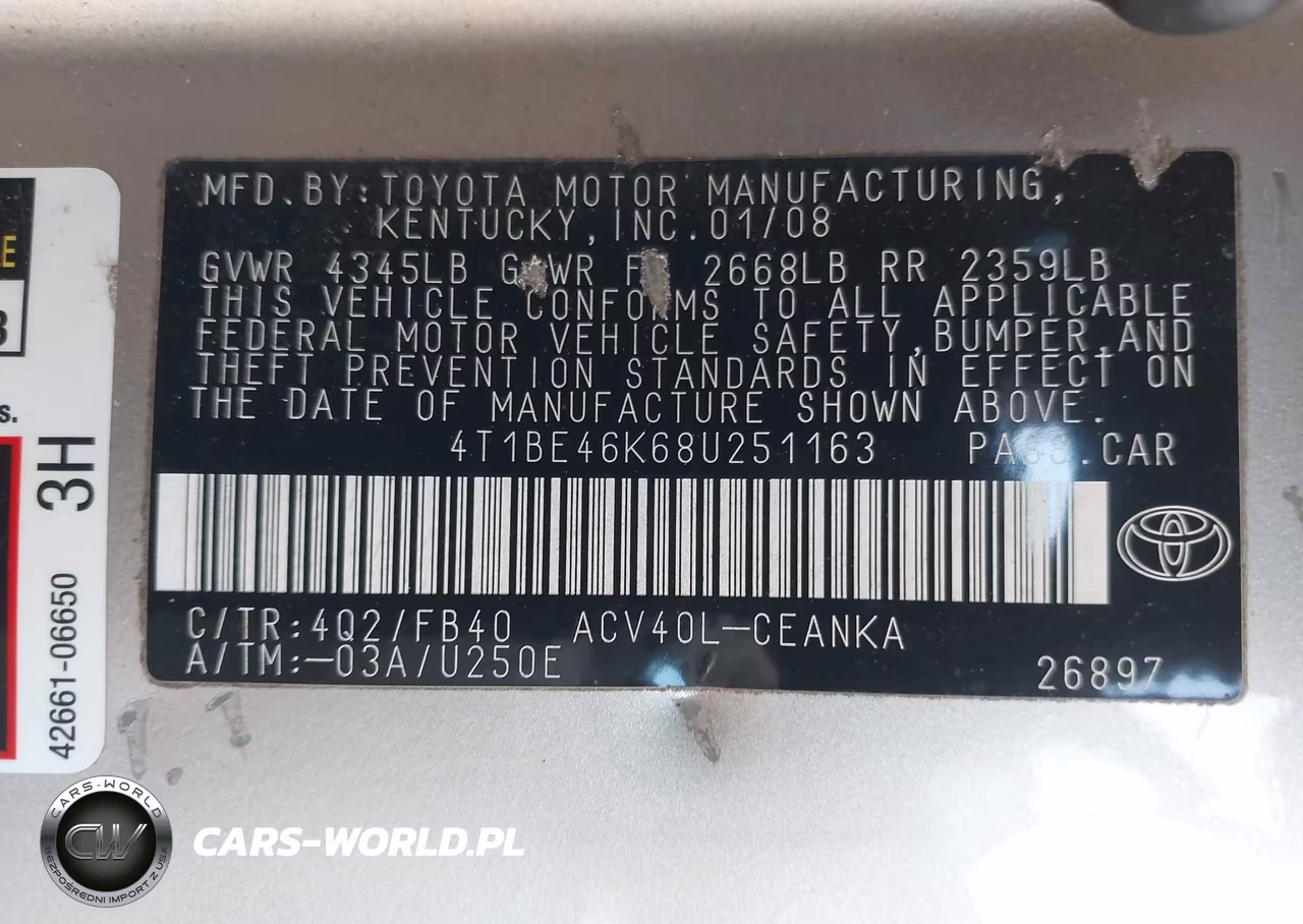 2008 Toyota Camry VIN:4T1BE46K68U251163 - 9