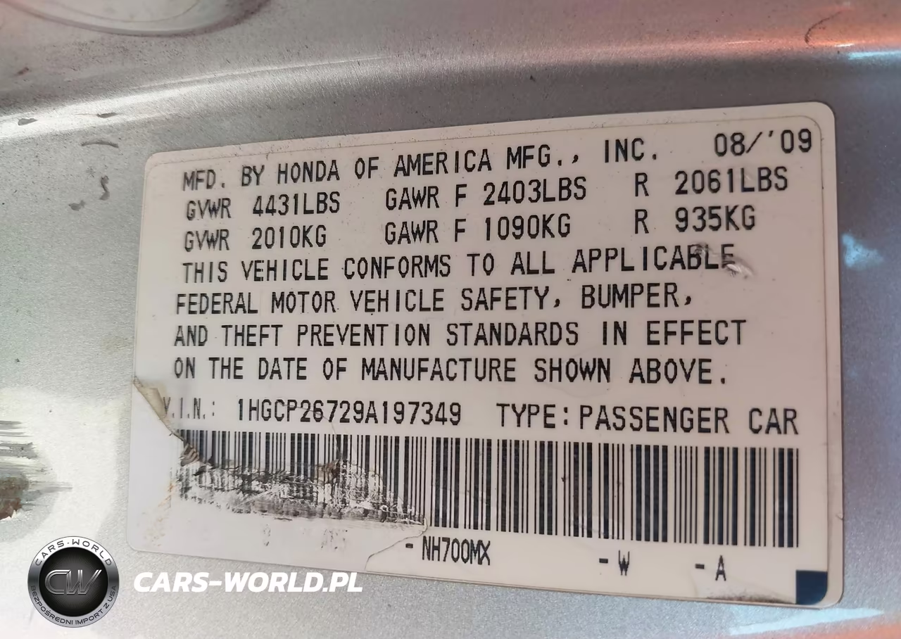 2009 Honda Accord 2.4 Ex VIN:1HGCP26729A197349 - 9