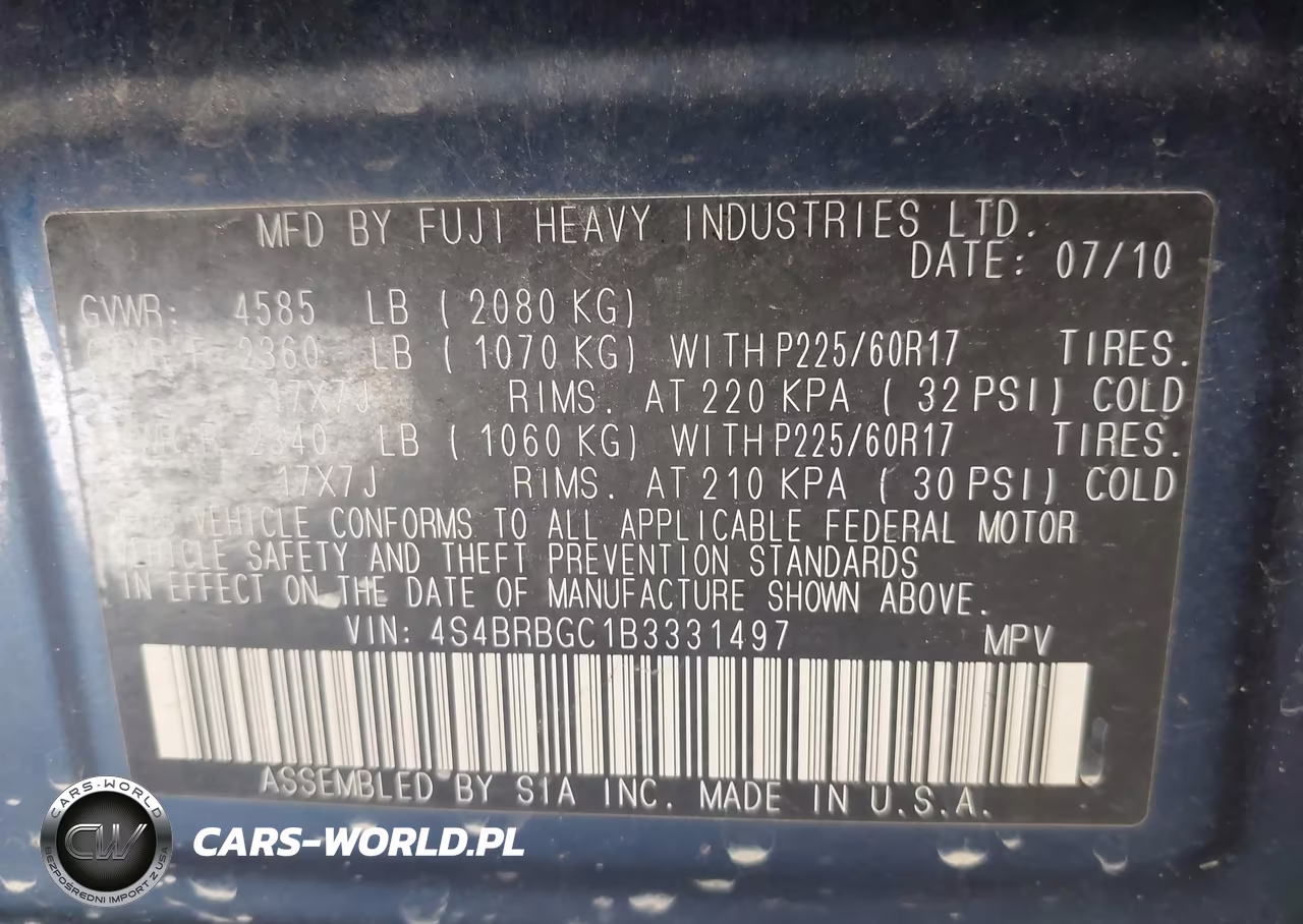 2011 Subaru Outback 2.5I Premium VIN:4S4BRBGC1B3331497 - 9