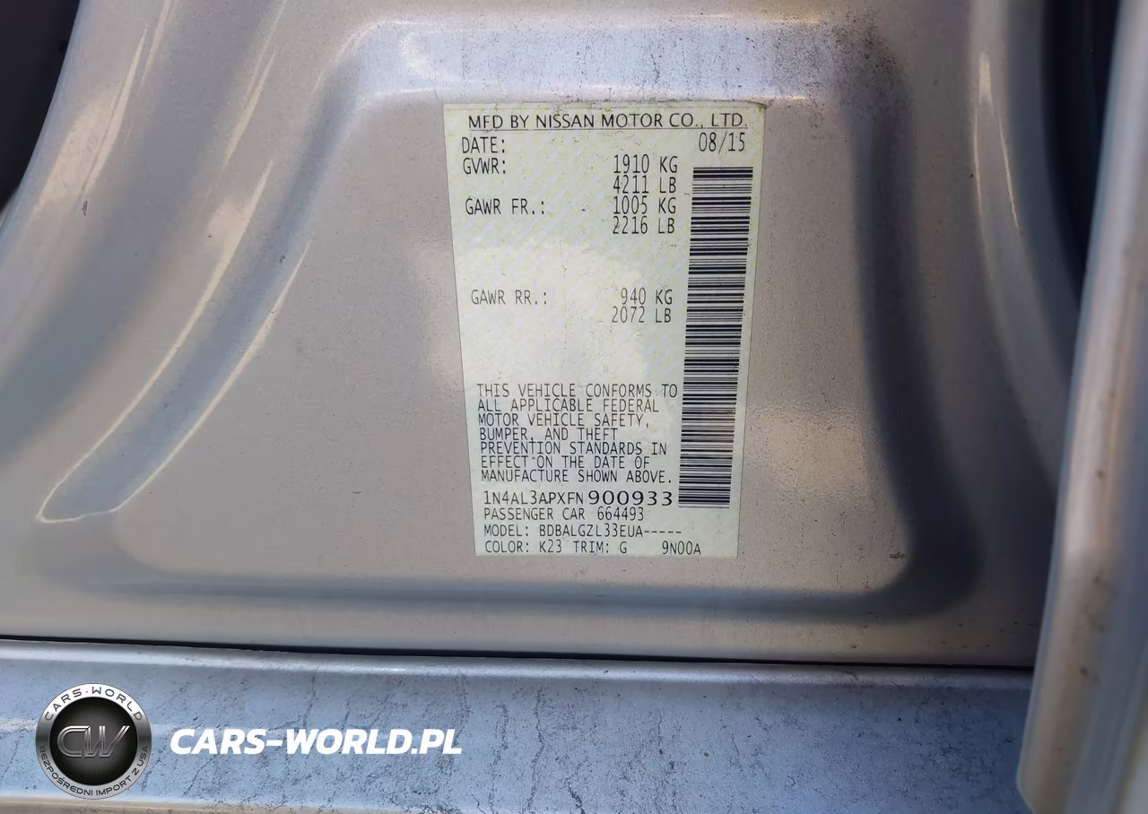 2015 Nissan Altima 2.5-2.5 S-2.5 Sl-2.5 Sv VIN:1N4AL3APXFN900933 - 9