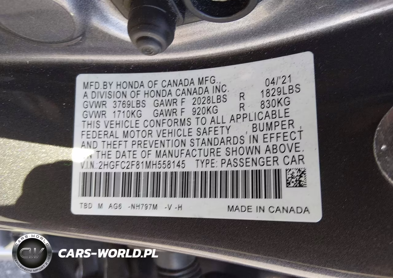 2021 Honda Civic Sport VIN:2HGFC2F81MH558145 - 9