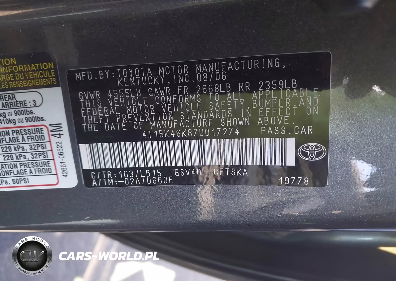 2007 Toyota Camry Se V6 VIN:4T1BK46K87U017274 - 9