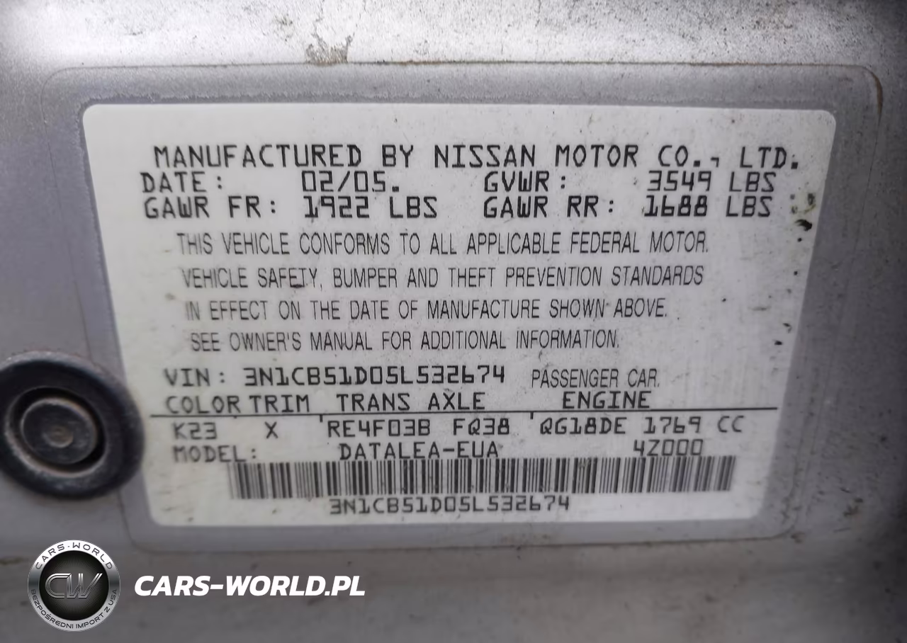 2005 Nissan Sentra 1.8S VIN:3N1CB51D05L532674 - 9
