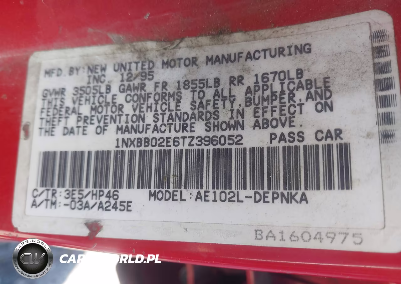 1996 Toyota Corolla Dx VIN:1NXBB02E6TZ396052 - 9