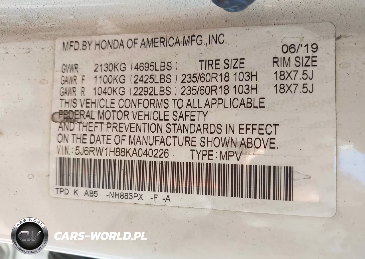 2019 Honda Cr-V Ex-L VIN:5J6RW1H88KA040226 - 9