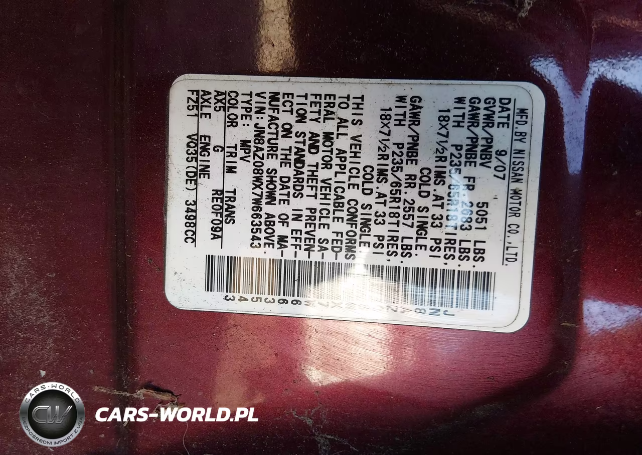 2007 Nissan Murano Sl VIN:JN8AZ08WX7W663543 - 9