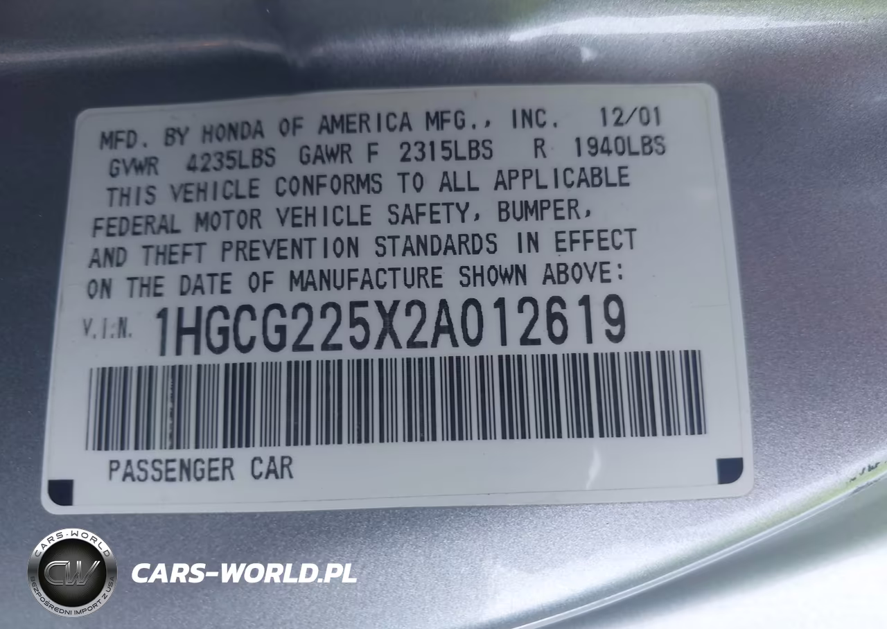 2002 Honda Accord 3.0 Ex VIN:1HGCG225X2A012619 - 9