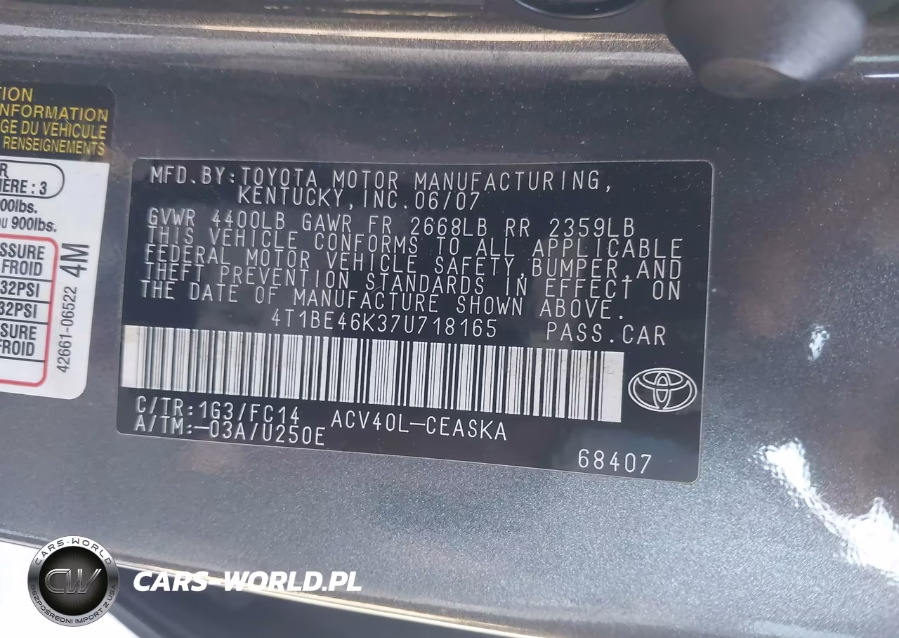 2007 TOYOTA CAMRY CE VIN:4T1BE46K37U718165 - 9