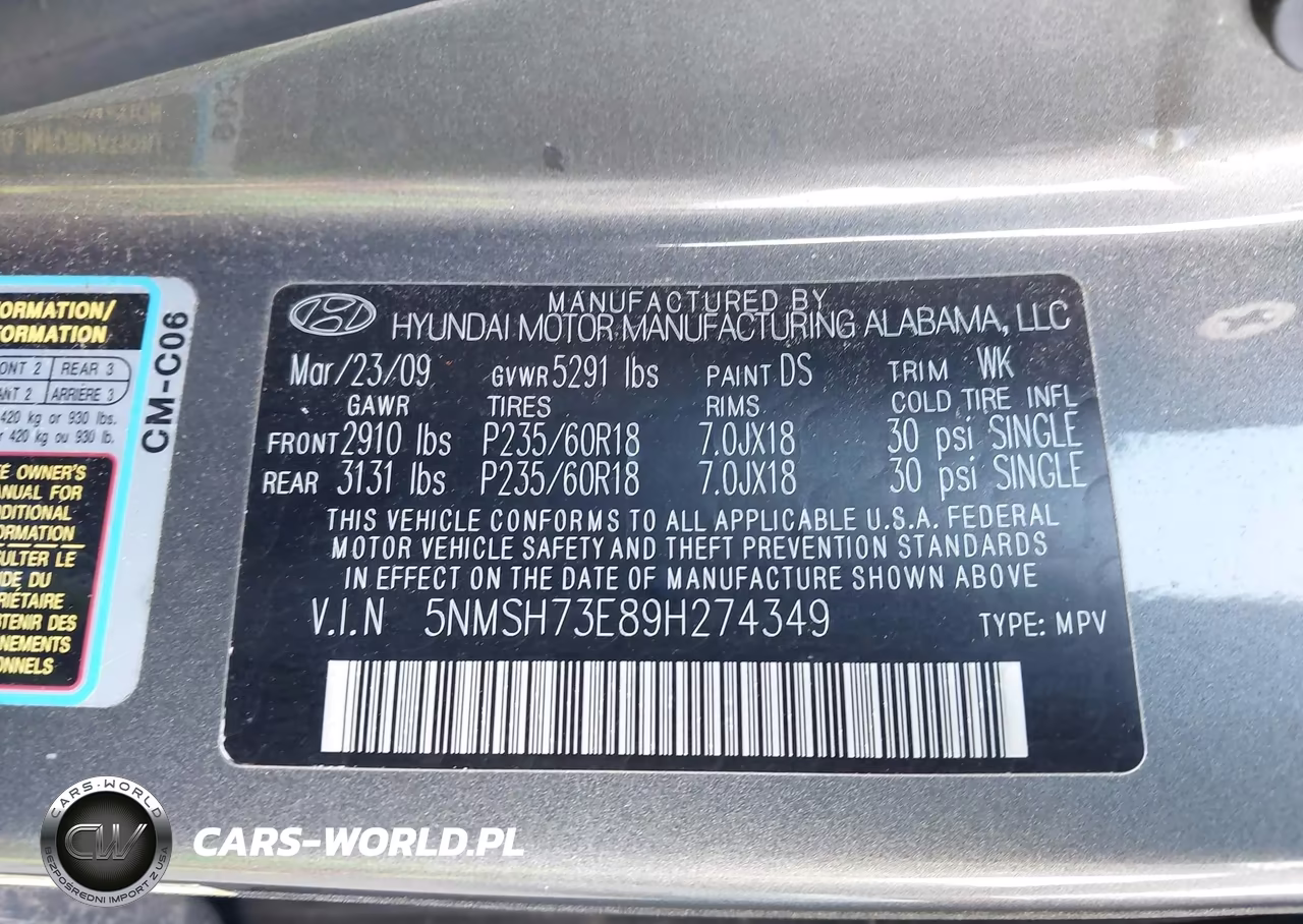 2009 Hyundai Santa Fe Limited VIN:5NMSH73E89H274349 - 9