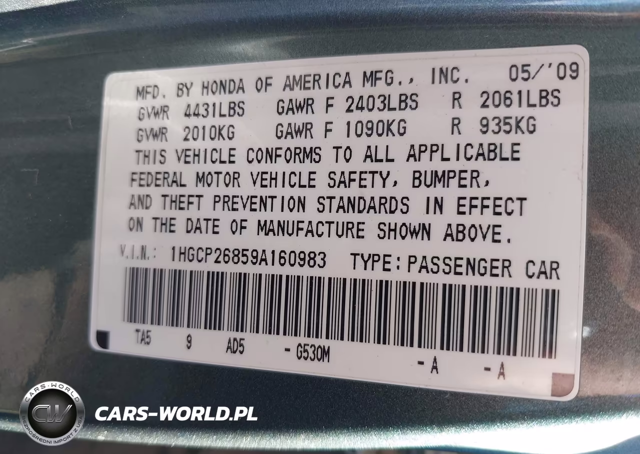 2009 Honda Accord Sdn Ex-L VIN:1HGCP26859A160983 - 9