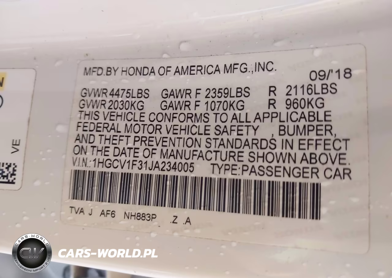 2018 Honda Accord Sport VIN:1HGCV1F31JA234005 - 9