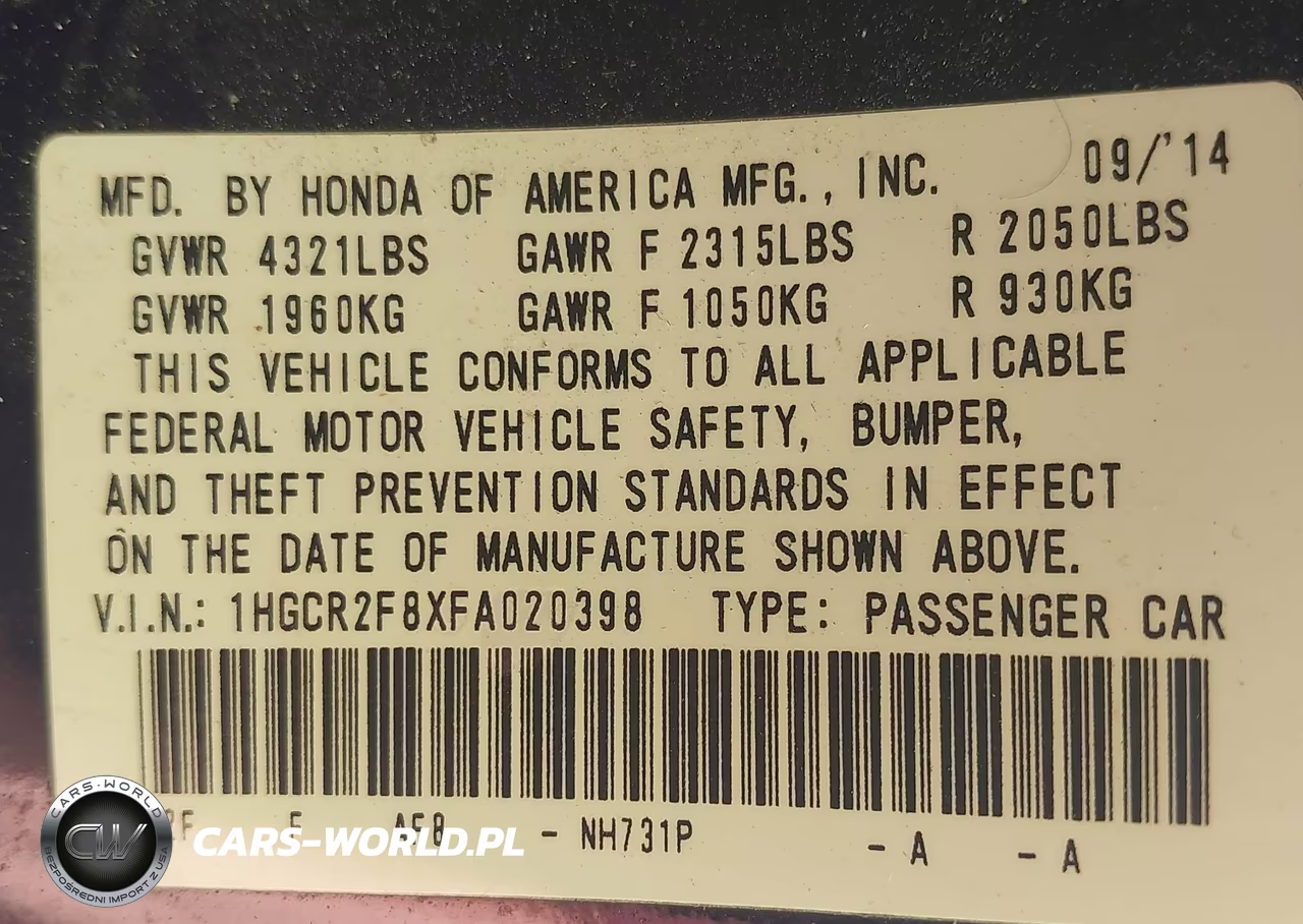 2015 Honda Accord Ex-L VIN:1HGCR2F8XFA020398 - 9
