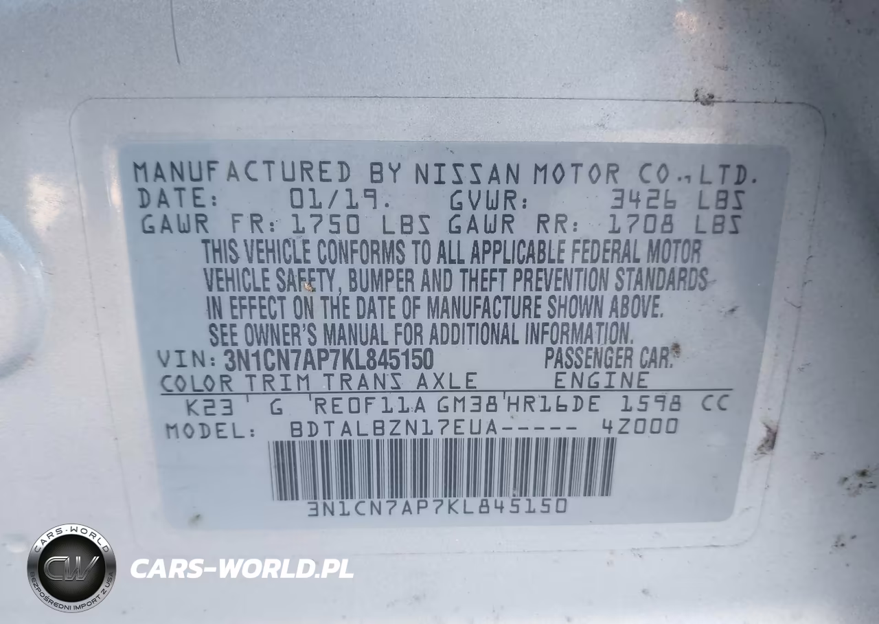 2019 Nissan Versa 1.6 Sv VIN:3N1CN7AP7KL845150 - 9