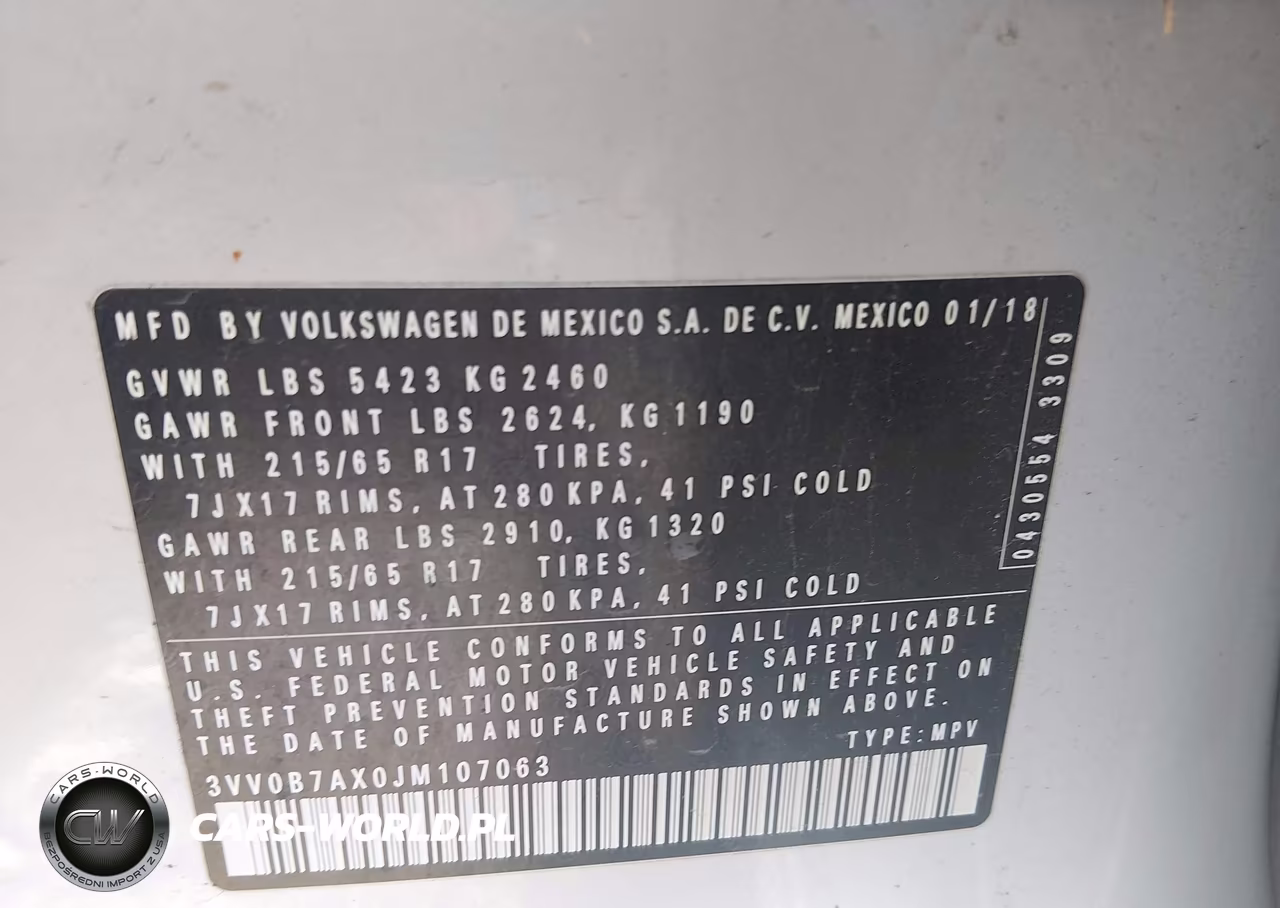 2018 Volkswagen Tiguan 2.0T S VIN:3VV0B7AX0JM107063 - 9