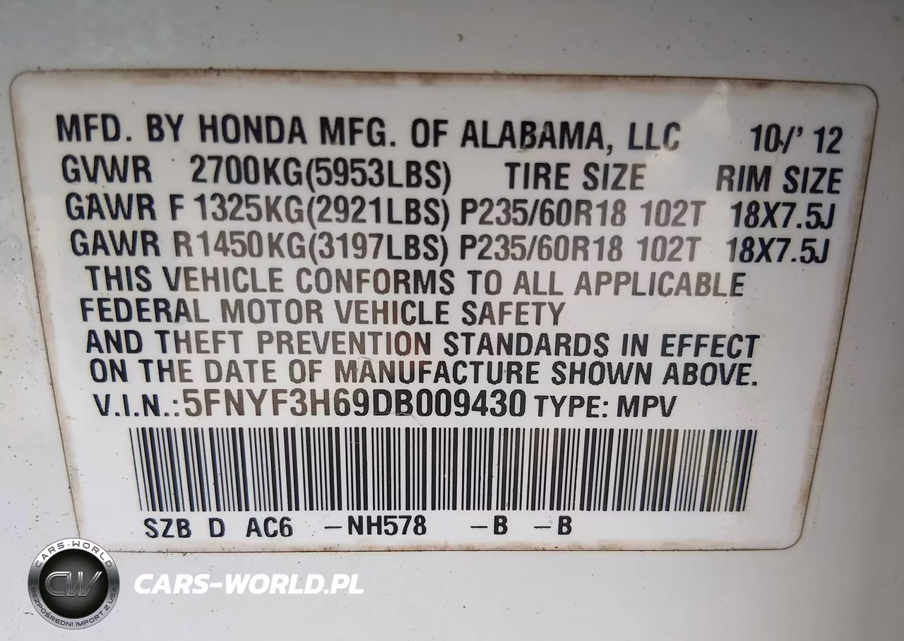 2013 Honda Pilot Ex-L VIN:5FNYF3H69DB009430 - 9